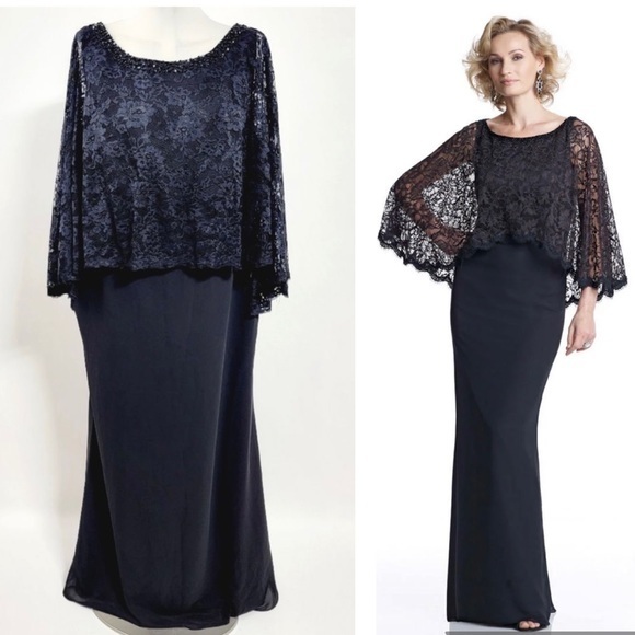 JJs House Dresses Jjs House Plus Size Black Lace Cape Overlay Gown